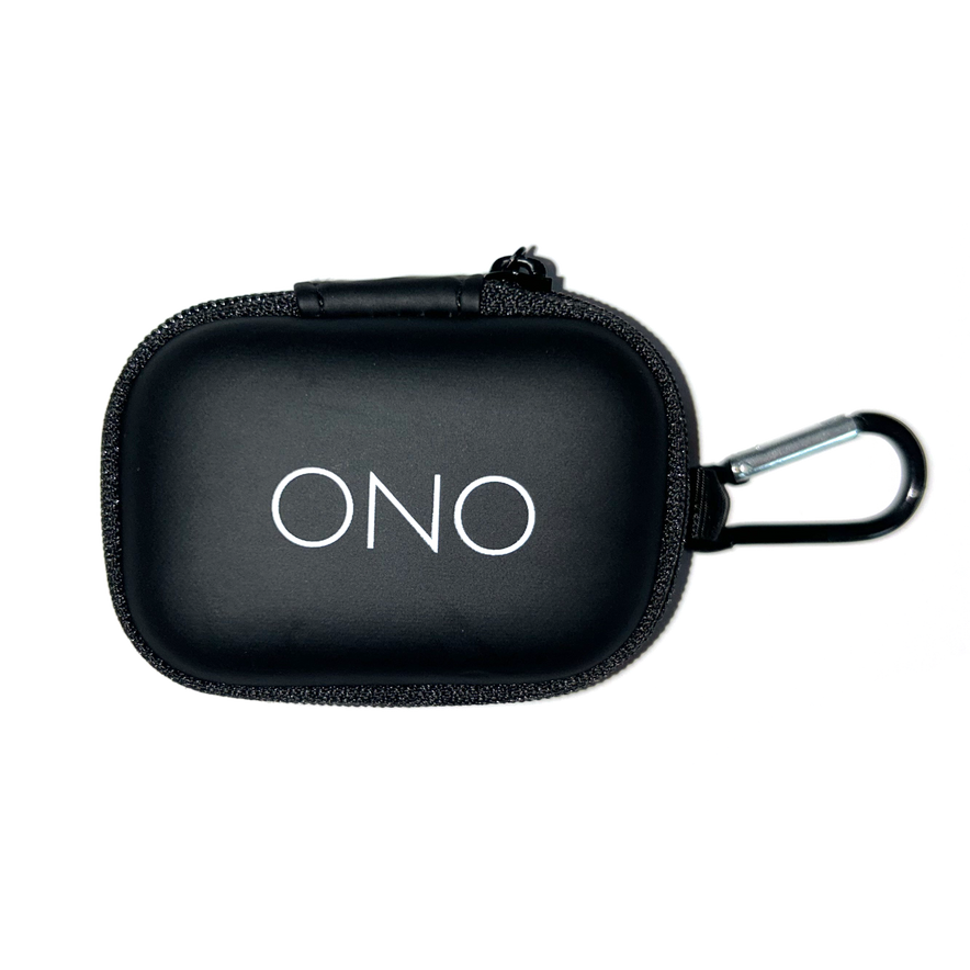 The ONO Sigbits Carrying Case is a small, black, rectangular case with ONO in white on the front, featuring a zipper and metal carabiner. It securely holds 6 Sigbits for easy portability.