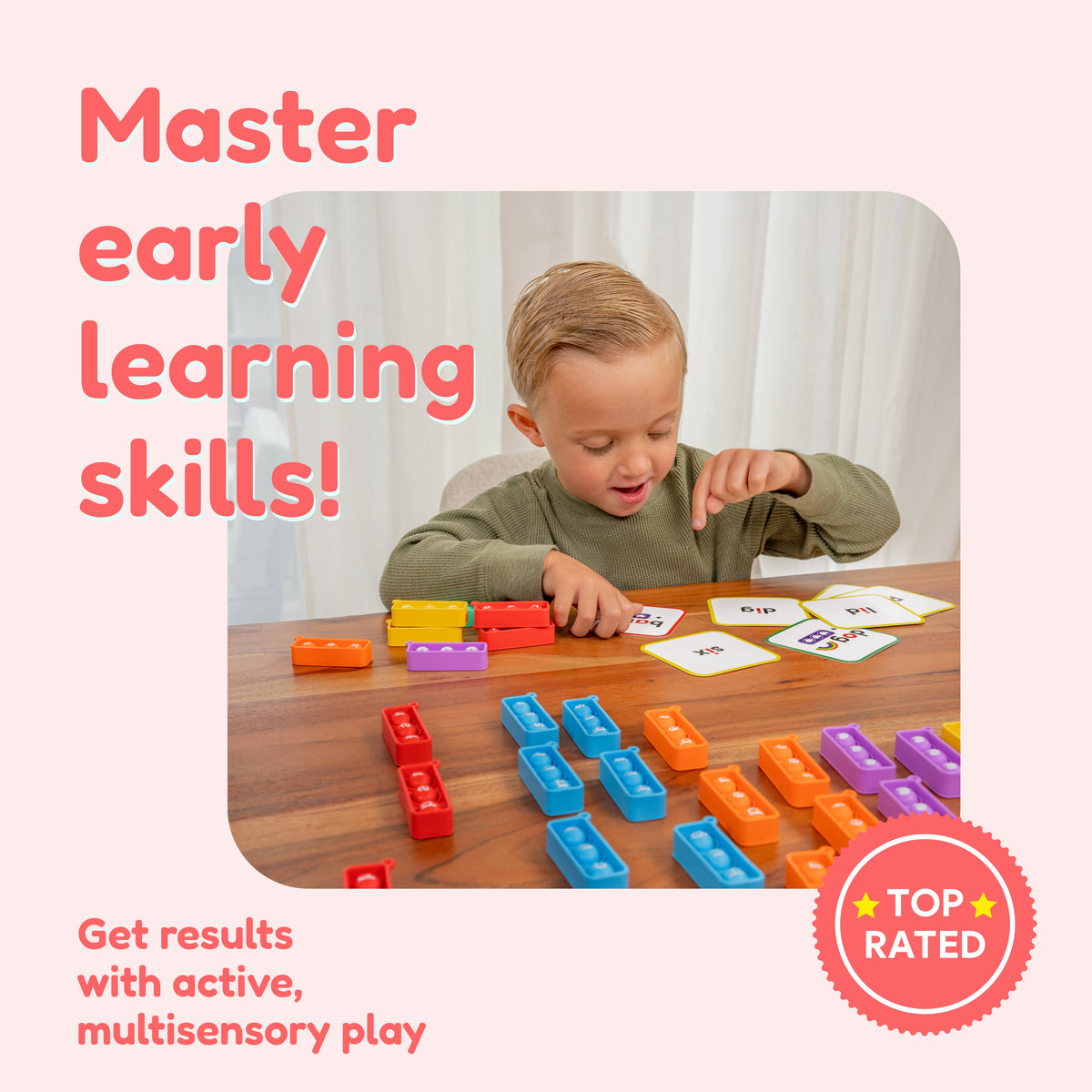 A young boy uses plastic building blocks and word cards from the 1st Grade Classroom Bundle to practice early learning skills through multisensory play, featuring a top-rated badge.