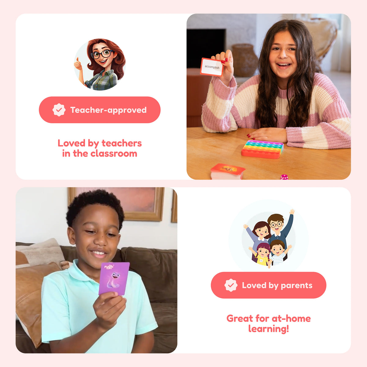 A collage for the Grades 3–5 Classroom Bundle shows a girl holding an accomplish flashcard and a boy holding a card with a cartoon snake, with icons highlighting teacher-approved, parent-loved reading comprehension and math fluency products.