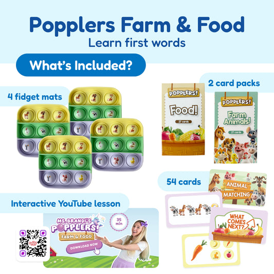 Pre-K Classroom Bundle containing four colorful animal-themed fidget mats, two packs of farm and food-themed cards, and a QR code linking to an interactive 35-minute video lesson for early math and foundational literacy.