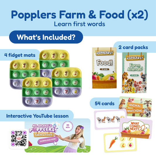 Ultimate School Bundle for K–5 featuring four colorful silicone fidget mats with animal icons, two decks of illustrated literacy and math cards, and a QR code linking to an interactive 35-minute video lesson.