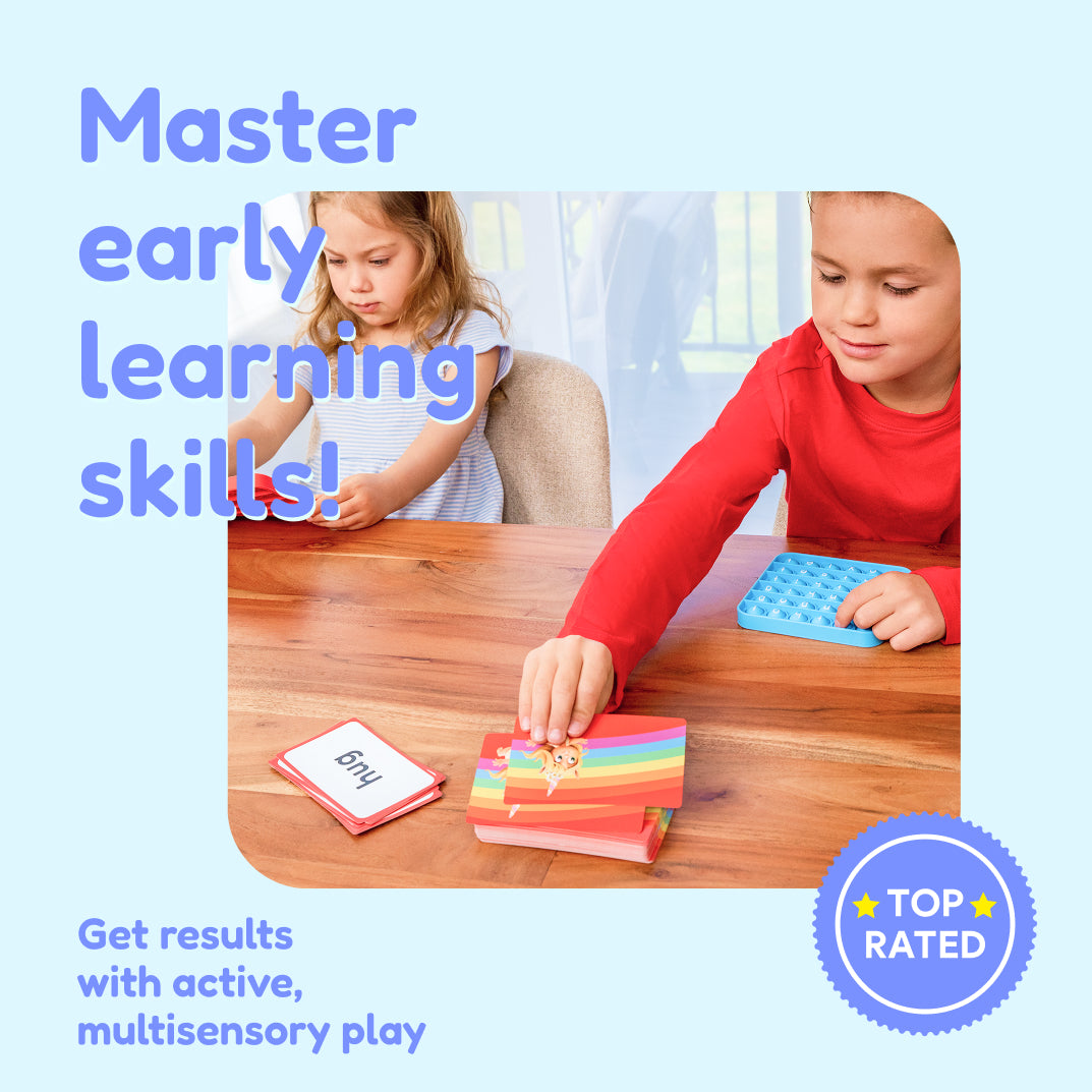 Two children use the Pre-K Complete Skills Bundle to practice with flashcards and a blue sensory toy for multisensory kindergarten readiness.