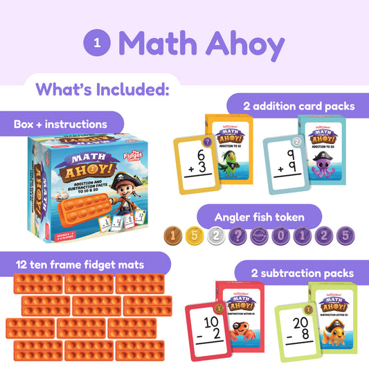 The Ultimate Math Bundle includes a box with instructions, two addition card packs, two subtraction card packs, an angler fish token, and twelve orange ten-frame fidget mats to build math confidence.