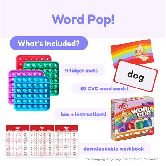 Ultimate Reading Bundle containing four colorful grid fidget mats, fifty CVC sight word cards, a game box with instruction manual, and a downloadable workbook for early readers.
