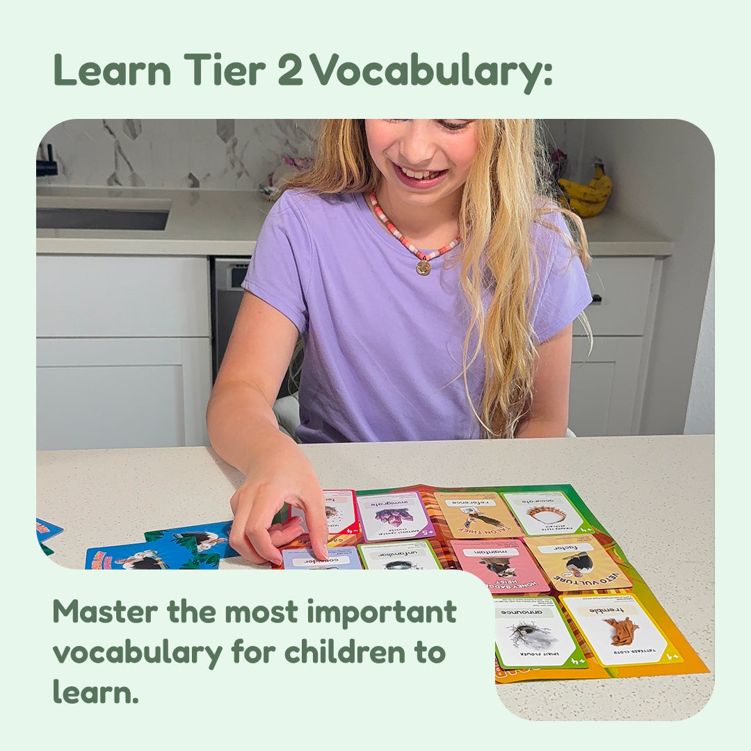 A girl sitting at a counter plays the Vocabulary Vultures Word Game by placing cards on a colorful board.