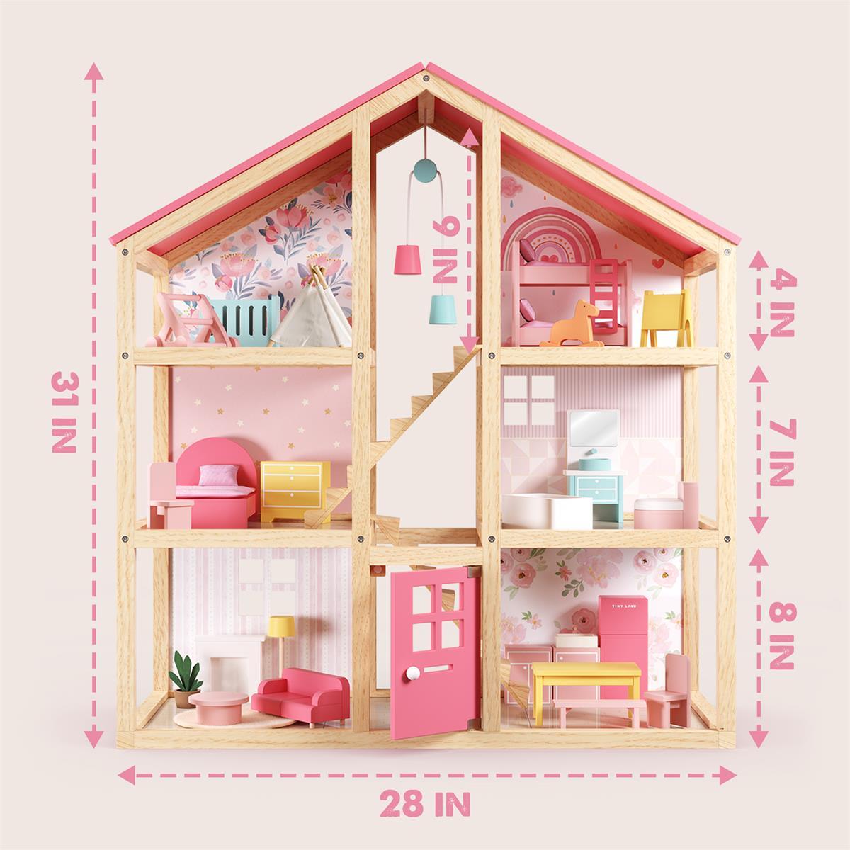 The Tiny Land® Sweetwood Love Dollhouse without Dolls features a pink roof, stands 31" high and 28" wide, and has pastel floral rooms with heights labeled from 4 to 9 inches—ideal for imaginative play.