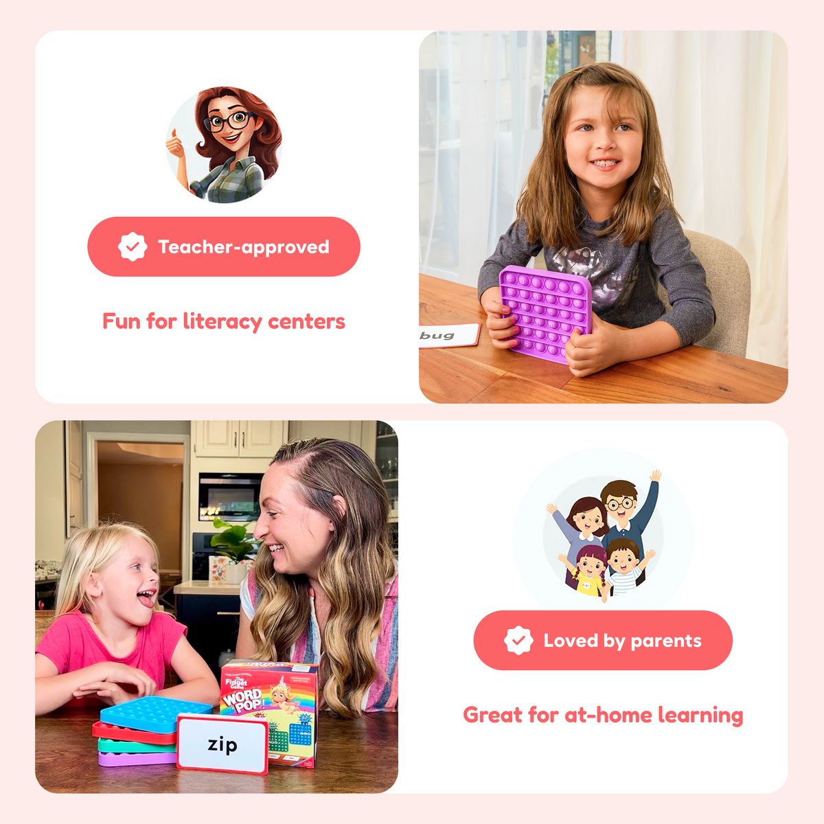 A collage of a girl using a purple silicone Word Pop! CVC Reading Fidget Game for word recognition, and a woman playing a word-building game with a child to practice blending letter sounds.