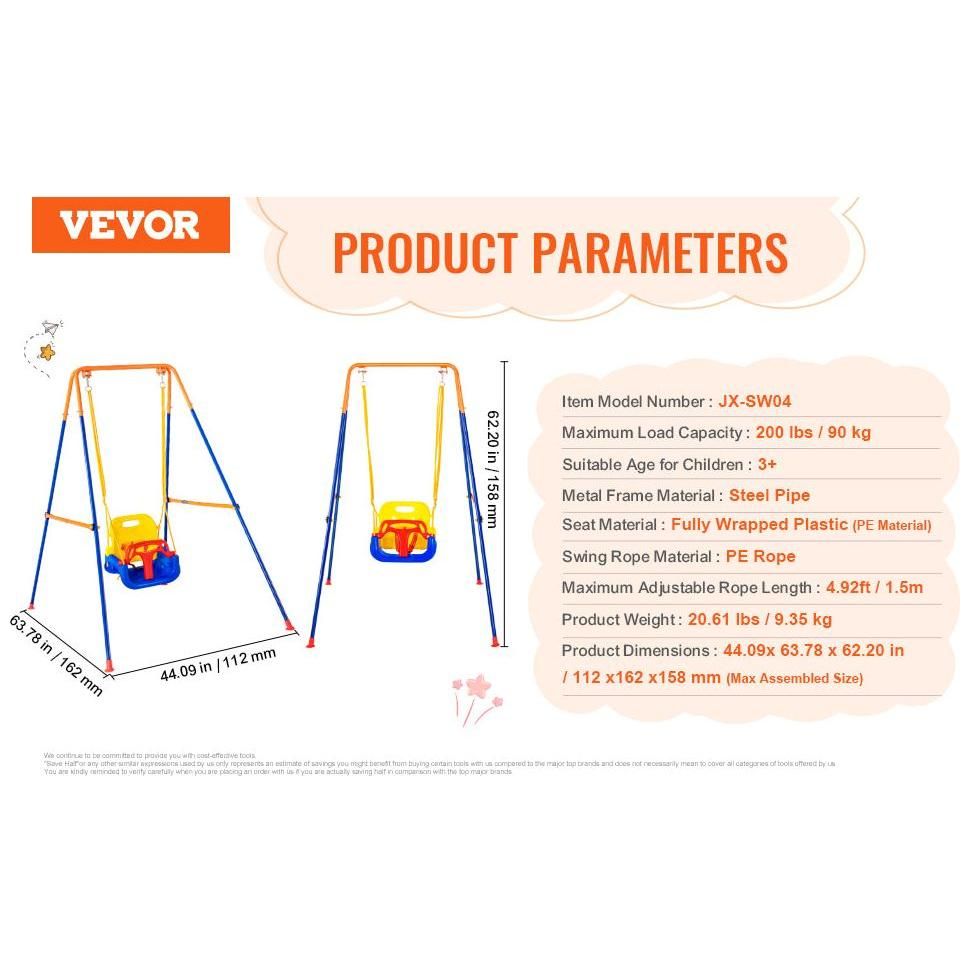 The image showcases a Backyard Adventure swing set, model JX-SW04. It supports up to 200 lbs, made from steel and PE materials, and is suitable for ages 3+. It offers versatile swing options with detailed dimensions and maximum swing height included.