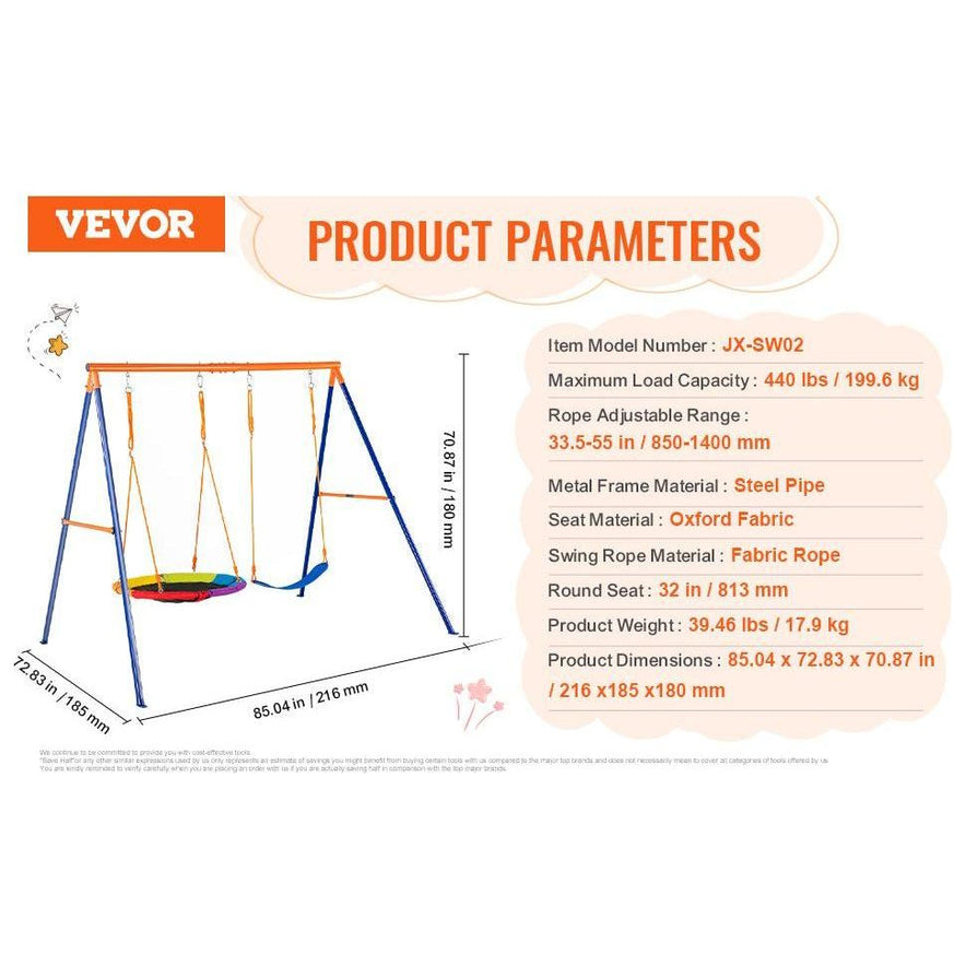 Image showing the Backyard Adventure Swing Set featuring model JX-SW02. It has a 440 lbs load capacity, durable steel frame, adjustable rope range, Oxford fabric seat, and dimensions of 85.04 x 72.83 x 70.87 in., weighing 39.46 lbs with versatile swing options including saucer and belt swings for kids.