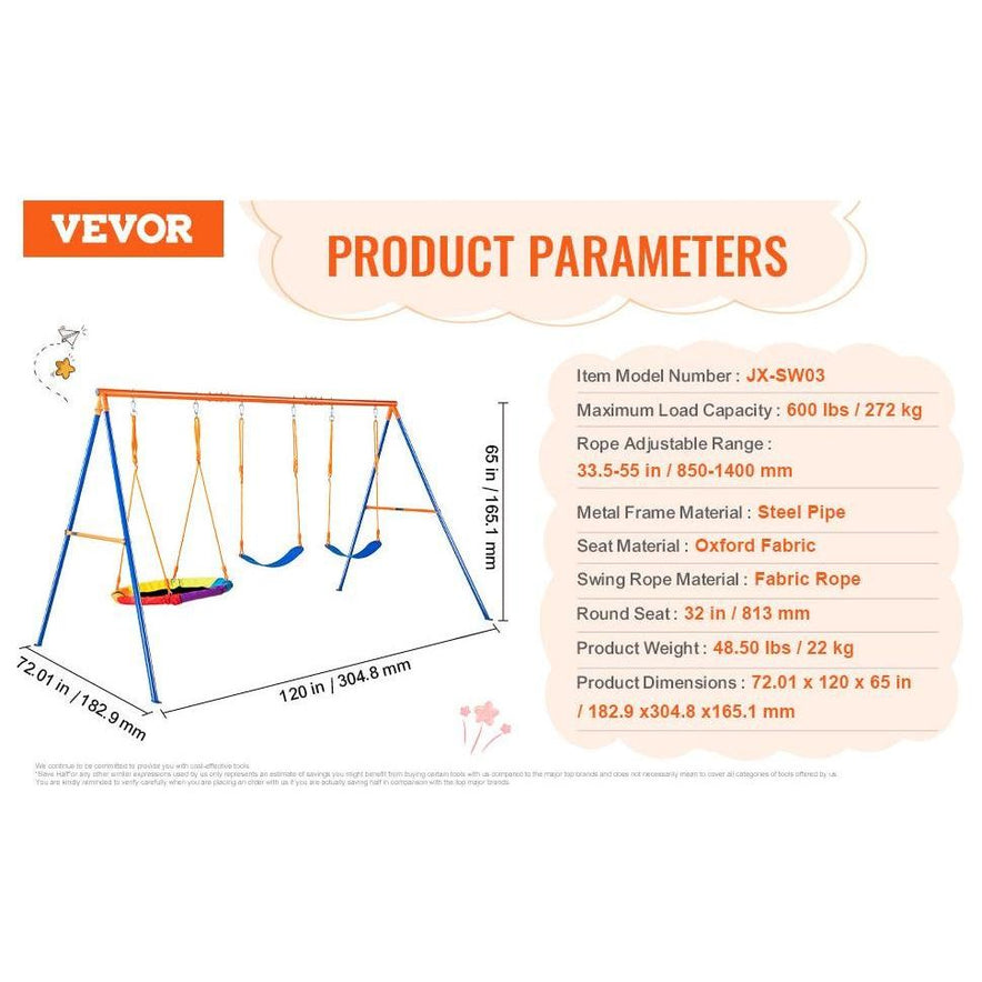 An infographic for the Backyard Adventure Swing Set highlights its versatile swing options and durable build, detailing parameters like the model number, max load, frame material, and dimensions. The image features a diagram of the set with measurements.