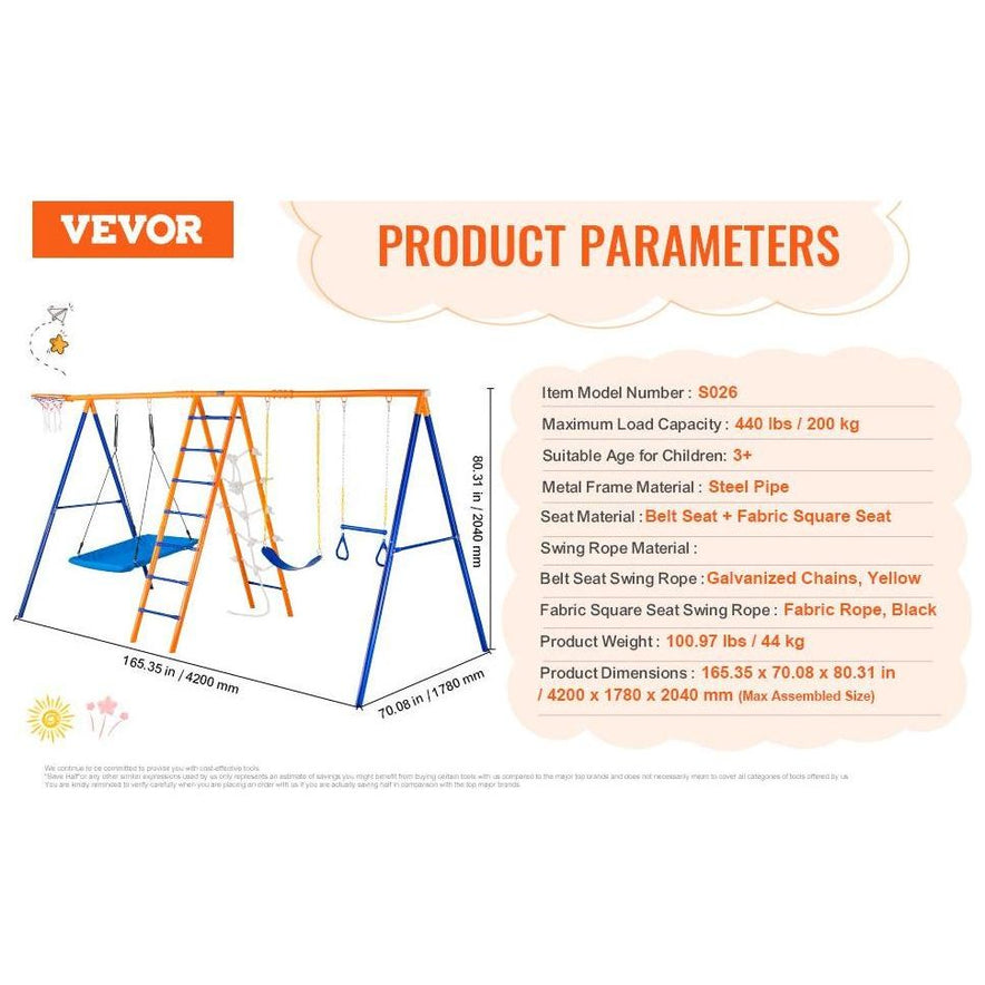 The image shows a product sheet for the Backyard Adventure Swing Set with Saucer and Belt Swings, highlighting its durable build and versatile swings. Specs include model S026, 440 lbs max load, suitable for ages 3+, and dimensions. A diagram is on the left.