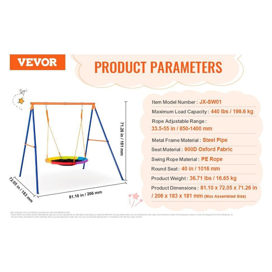 An infographic for the Backyard Adventure Swing Set features its durable design and versatile swings, detailing: model, max load (440 lbs), rope range (33.5-55 in), steel frame, dimensions (81.10 x 72.05 x 71.26 in), and a swing seat diameter of 40 in.