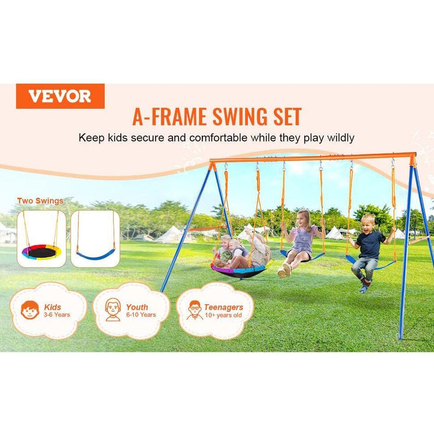 An image of the Backyard Adventure Swing Set shows its sturdy build as kids enjoy various swings in a grassy area, highlighting its suitability for ages 3 and up, appealing to kids, youth, and teenagers.