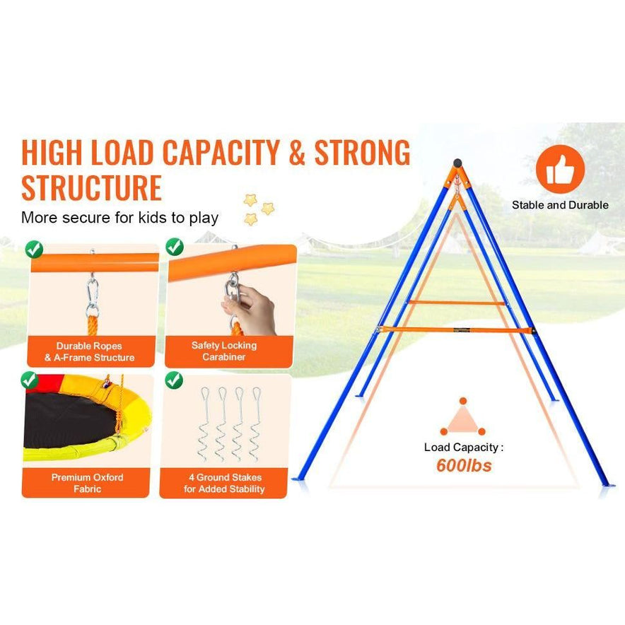 Introducing the Backyard Adventure Swing Set! This infographic presents a kids play swing known for its sturdy build. Featuring a 600 lbs load capacity and versatile options, it includes premium Oxford fabric, safety locking carabiners, and vibrant blue and orange colors.