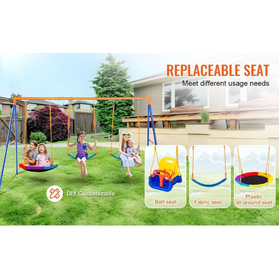 Children playing on the vibrant Backyard Adventure Swing Set in a backyard, enjoying saucer and belt swings with replaceable seats. The orange and blue set stands sturdy against the house backdrop and lush green lawn, thanks to its durable construction.