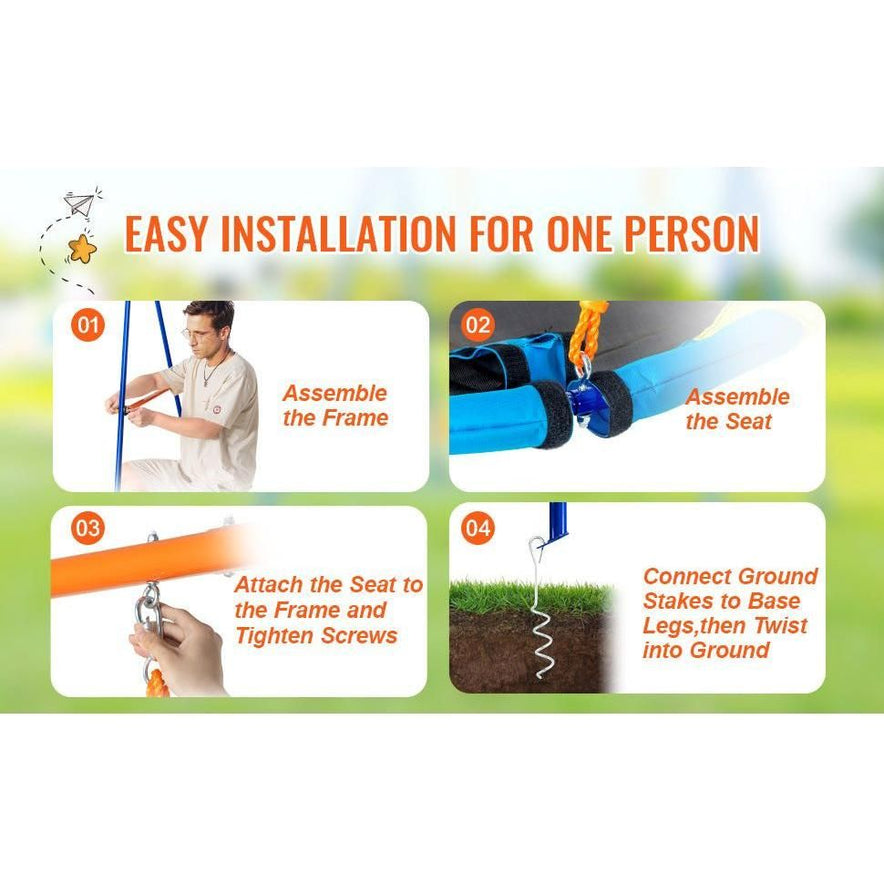 Introducing the Backyard Adventure Swing Set guide: a four-step installation process with durable construction. Step 1: Assemble the frame. Step 2: Assemble the seat. Step 3: Attach seat to frame and tighten screws. Step 4: Twist ground stakes into base legs for stability and versatile swinging options.