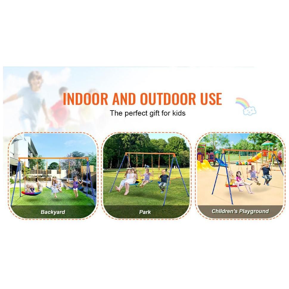 The image features three photos of swing sets in a backyard, park, and playground. The Backyard Adventure Swing Set with Saucer and Belt Swings for Kids boasts durable construction for indoor and outdoor use. Its the perfect gift, featuring a playful rainbow and cloud illustration.