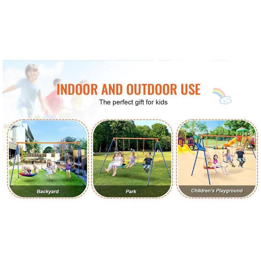 The image features three photos of swing sets in a backyard, park, and playground. The Backyard Adventure Swing Set with Saucer and Belt Swings for Kids boasts durable construction for indoor and outdoor use. Its the perfect gift, featuring a playful rainbow and cloud illustration.