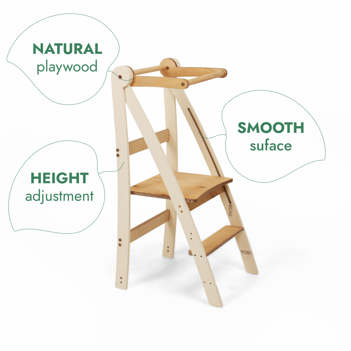 The Adjustable Montessori Tower - Kids Step Stool features an adjustable height platform, a smooth surface, and a natural plywood finish—making it perfect as a natural wood high chair for your child. Green text bubbles call attention to the natural plywood, smooth surface, and height adjustment features, highlighting why this tower step stool is both a stylish and functional choice for growing families.