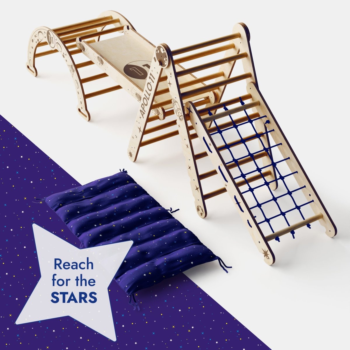 The Apollo 5in1 Climbing Set—Pikler Triangle, Net, Arch, Slide Board, and Cushion—sits beside a blue star-patterned cushion. A star graphic says Reach for the STARS. Perfect indoor playground for little astronauts!.