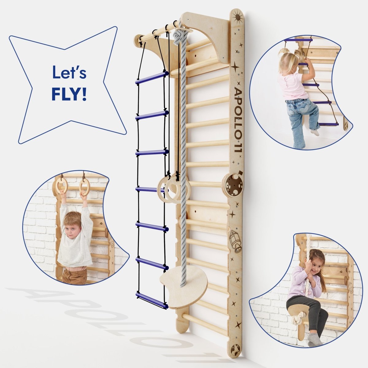 Apollo Swedish Wall / Climbing ladder for Little Austronauts + Moon swing Set + Slide Board creates a fun indoor space adventure with climbing ladder, Moon swing, rings, and wall bars. Three kids play together. Text: Let’s FLY!.