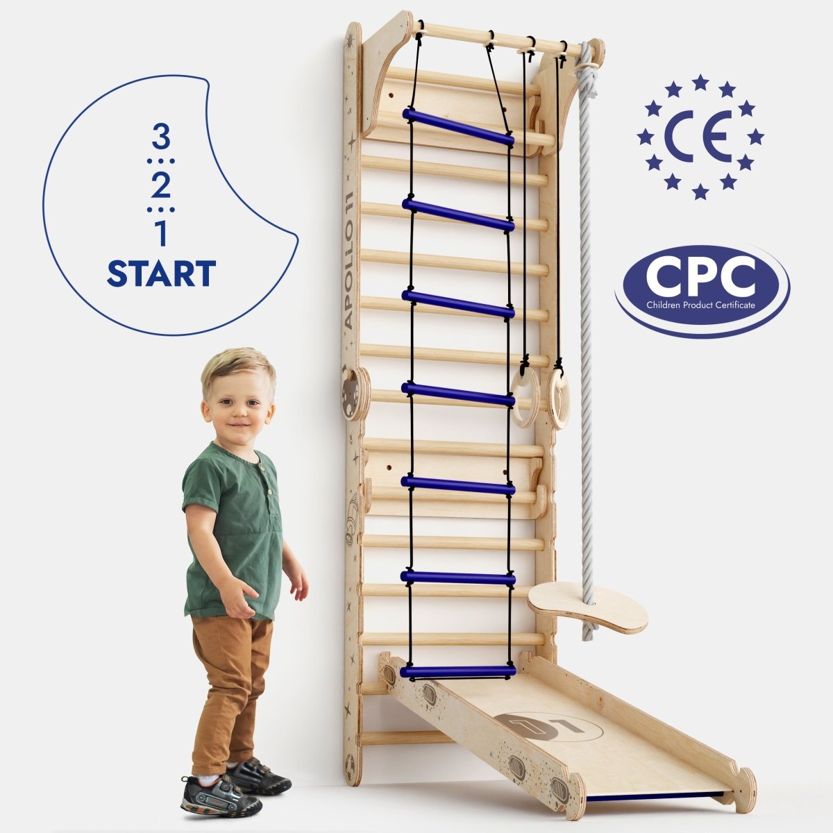 A young boy stands beside the Apollo Swedish Wall—Climbing Ladder for Little Astronauts with Moon Swing Set and Slide Board, a space-themed playset featuring bars, climbing rope, rope ladder, swing, plus certification logos and a 3, 2, 1 START graphic.