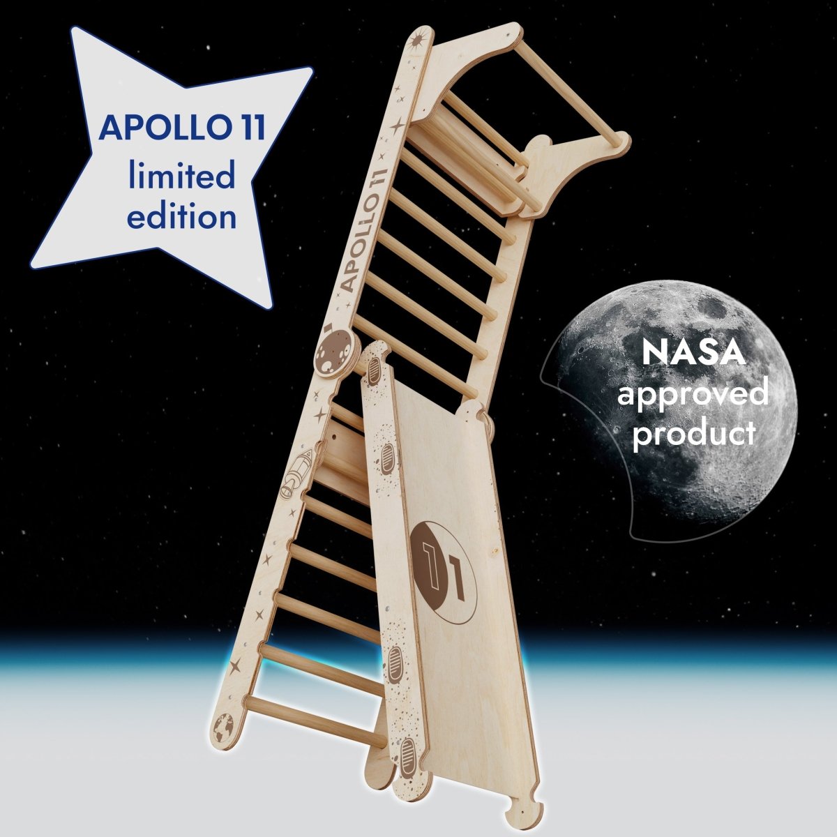 The Apollo Swedish Wall Climbing Ladder for Little Astronauts, with Moon Swing Set and Slide Board, stands before a starry space backdrop. APOLLO 11 limited edition shines on a star—NASA approved—for the ultimate space-themed kids playset.