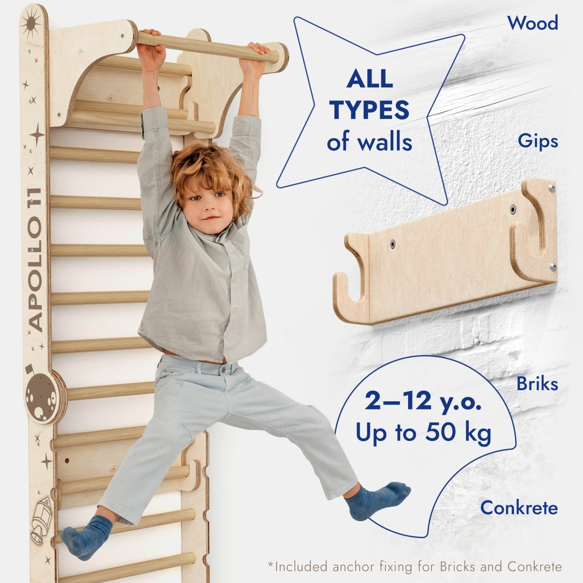 A young child hangs from the Apollo Swedish Wall / Climbing ladder for Little Astronauts + Moon Swing Set + Slide Board, a wooden indoor playset for ages 2–12 (up to 50 kg), with anchor fixings—perfect for any home sports corner.