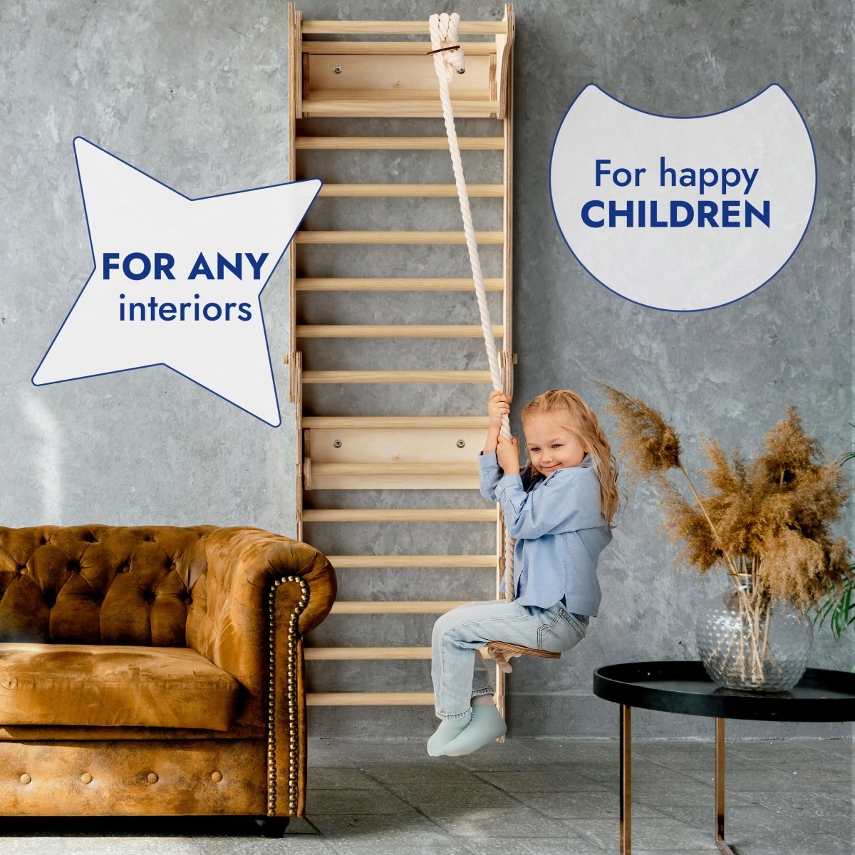 A young girl swings on the Apollo Swedish Wall / Climbing Ladder for Little Astronauts with Moon Swing Set and Slide Board in a stylish living room. Text: Perfect for any interior—create a fun home sports corner your kids will love!.