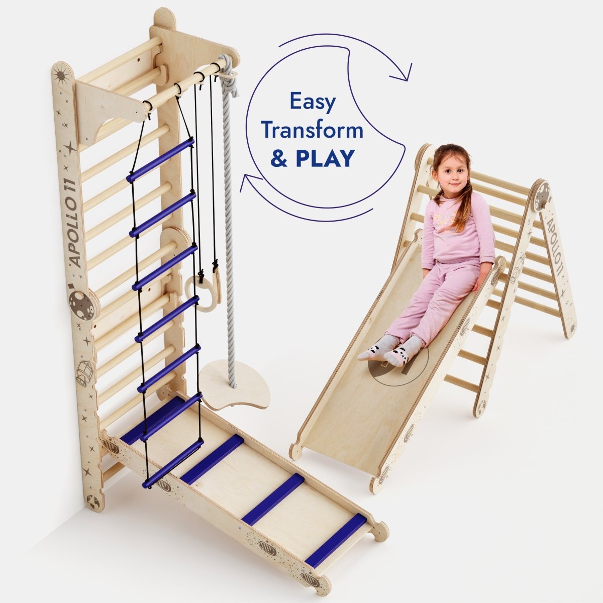 A young girl sits on the slide board of the Apollo Swedish Wall / Climbing Ladder for Little Astronauts + Moon Swing Set. Text reads: “Easy Transform & PLAY.”.