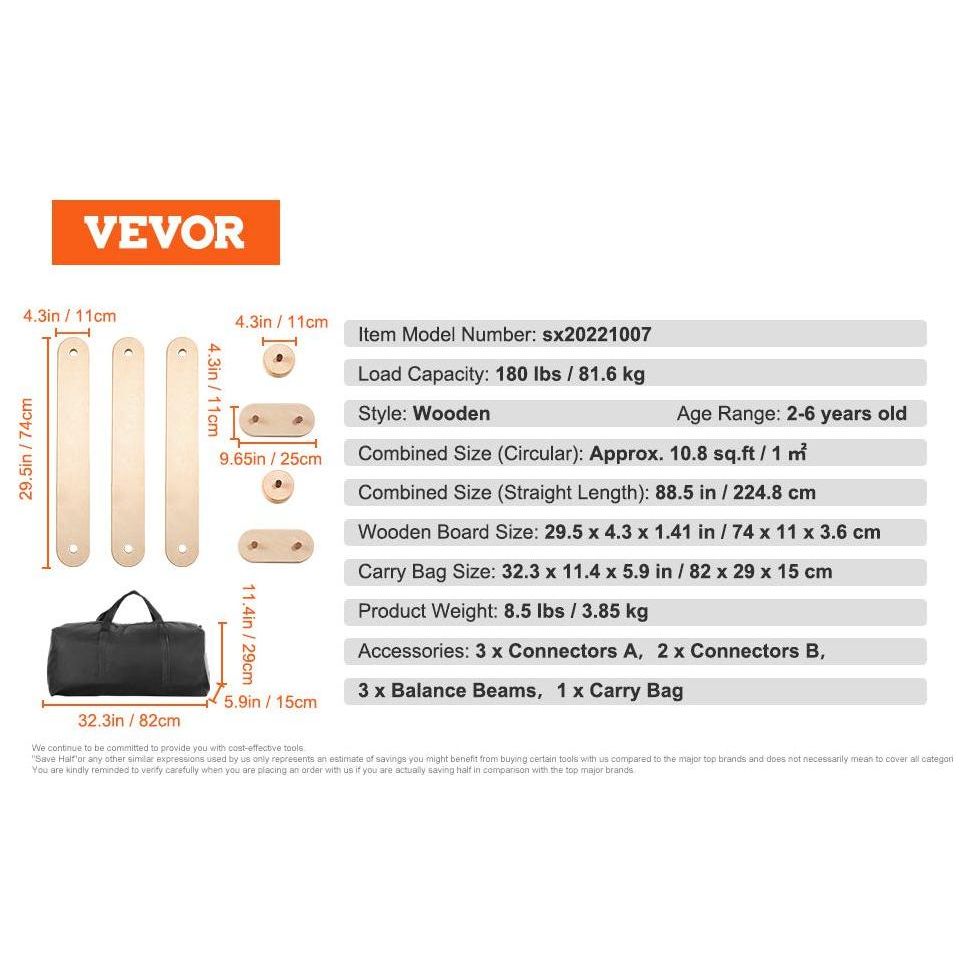 The diagram shows the Wooden Toddler Balance Beam Stepping Stones by VEVOR, detailing dimensions for beams, connectors, and the wooden base. With a 180 lbs load capacity and suitable for ages 2-6, it includes a black carry bag.