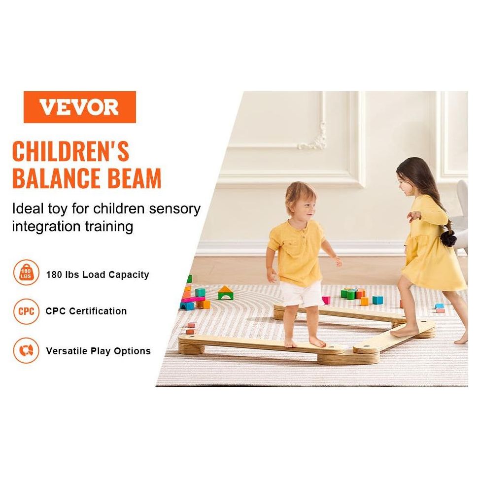 Two children play on a Wooden Toddler Balance Beam Stepping Stones amid scattered toys. This Montessori-inspired beam is suitable for ages 2-6, perfect for sensory integration training with a 180 lbs capacity and CPC certification, ensuring safe and educational fun.