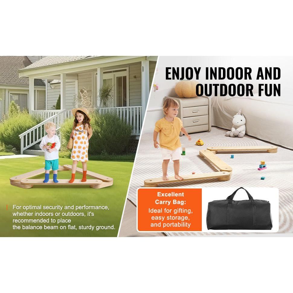 Two children balance on a Wooden Toddler Balance Beam Stepping Stones outdoors, while a toddler plays indoors, showcasing its Montessori-inspired versatility. A black carry bag is shown, highlighting gift suitability and portability—perfect for developmental fun for ages 2-6.