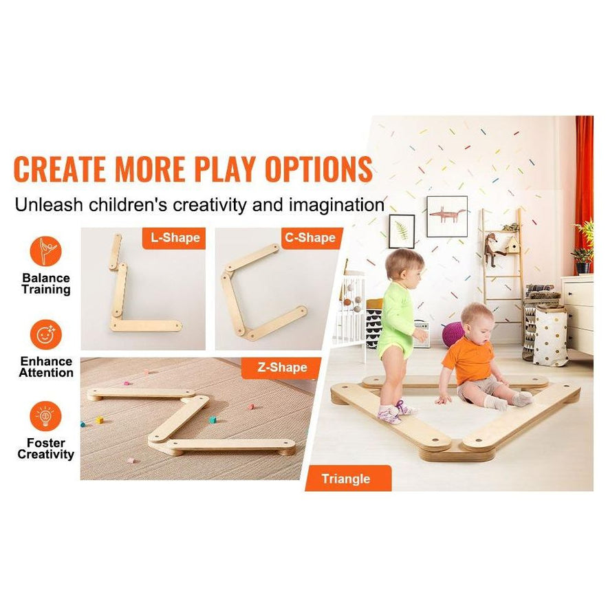 Children aged 2-6 play on the Wooden Toddler Balance Beam Stepping Stones, a Montessori-inspired toy. Configurations include L-shape, C-shape, Z-shape, and triangle. This promotes creativity, balance training, and attention enhancement—ideal for young learners indoors or outdoors.