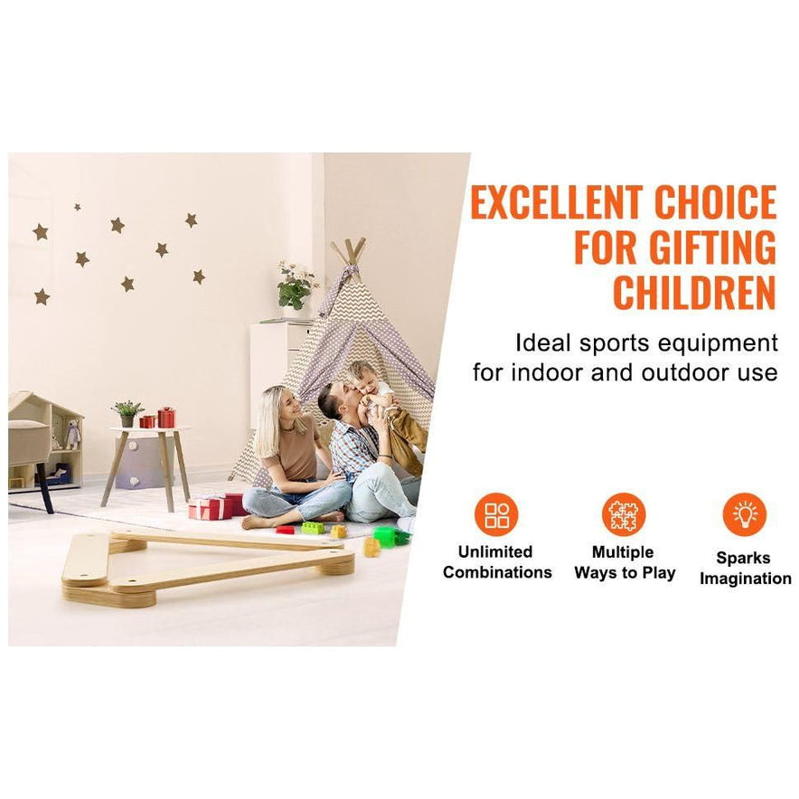 A family sits in a childs playroom, surrounded by toys and a teepee. Star decals adorn the wall. Text: Excellent gift for kids! Wooden Toddler Balance Beam Stepping Stones, perfect for indoor/outdoor play. Montessori design sparks imagination with endless possibilities.