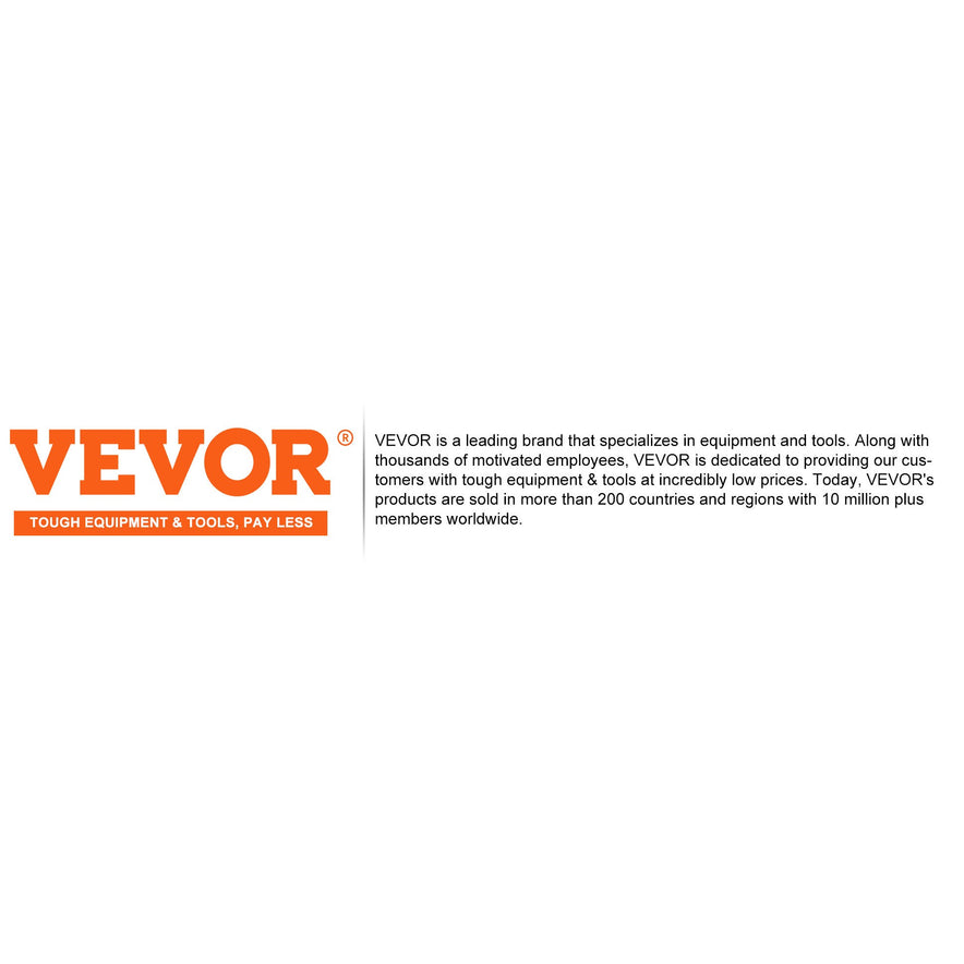 On the left, a logo stating VEVOR; TOUGH EQUIPMENT & TOOLS, PAY LESS. On the right: VEVOR is a top brand for equipment and tools known for durable products, like their 32PCS Colorful Magnetic Building Tiles Set, sold in over 200 countries.