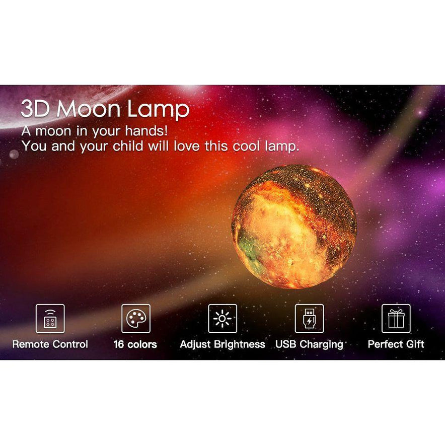 Light up your space with the Celestial 3D Moon Lamp against a vibrant galaxy backdrop. Featuring a remote, 16 colors, adjustable brightness, and USB charging, this enchanting lamp is perfect for any occasion and brings cosmic magic to your fingertips. Ideal for kids and adults alike.