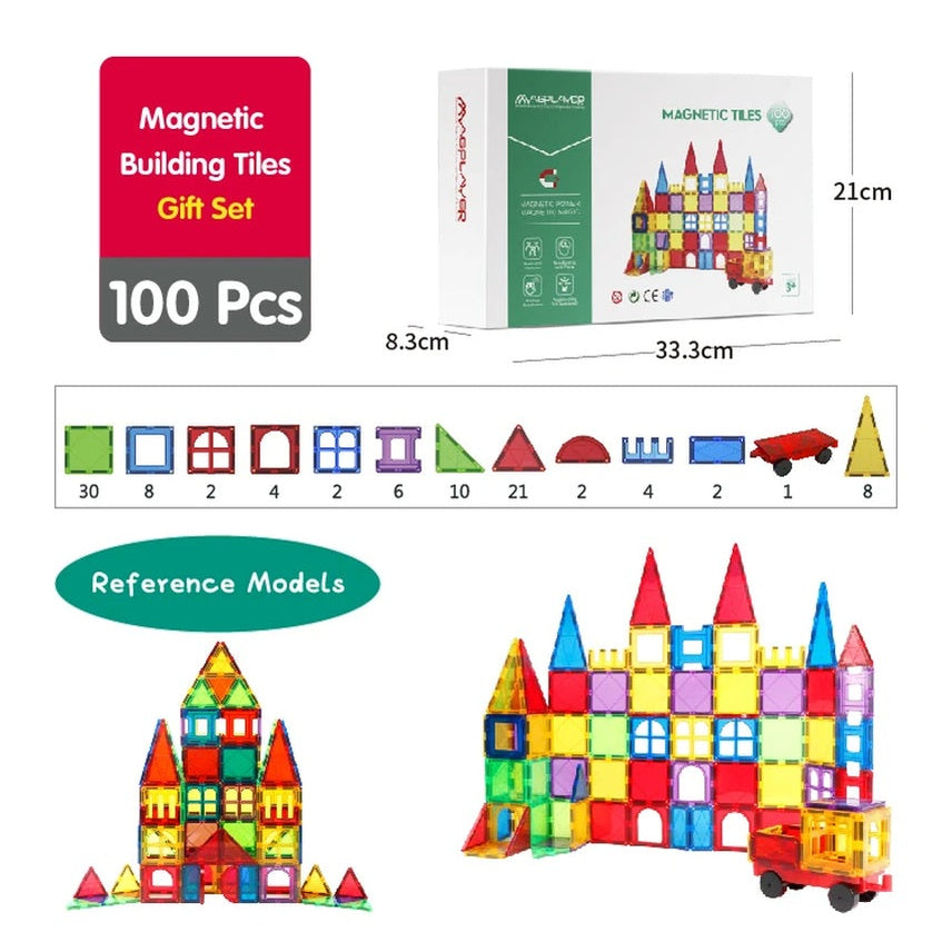 Magnetic Tiles Building Blocks with Cars 3D Clear Construction Set Educational Sensory Toy Magnet Toys for Kids Ages 3 4 5 6 7 8