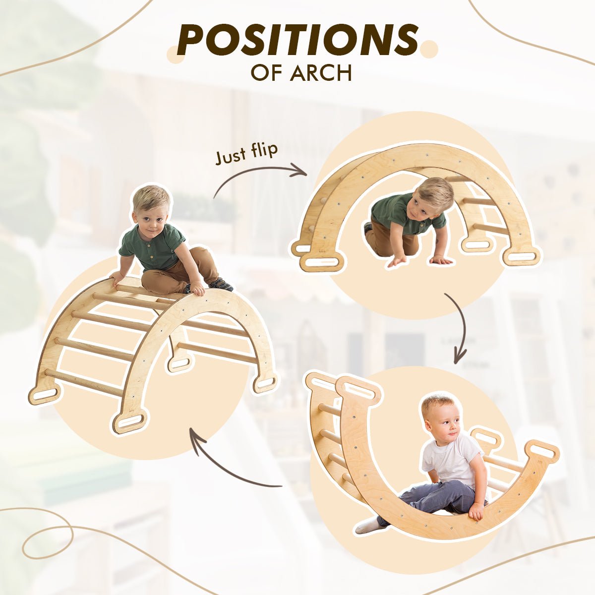 Three images show kids playing with the Climbing Arch & Rocker Balance - Montessori Climbers for Kids 1-7 y.o. – Beige: sitting on top, crawling under, and inside when flipped. Text reads “POSITIONS OF ARCH,” with arrows and “Just flip.”.