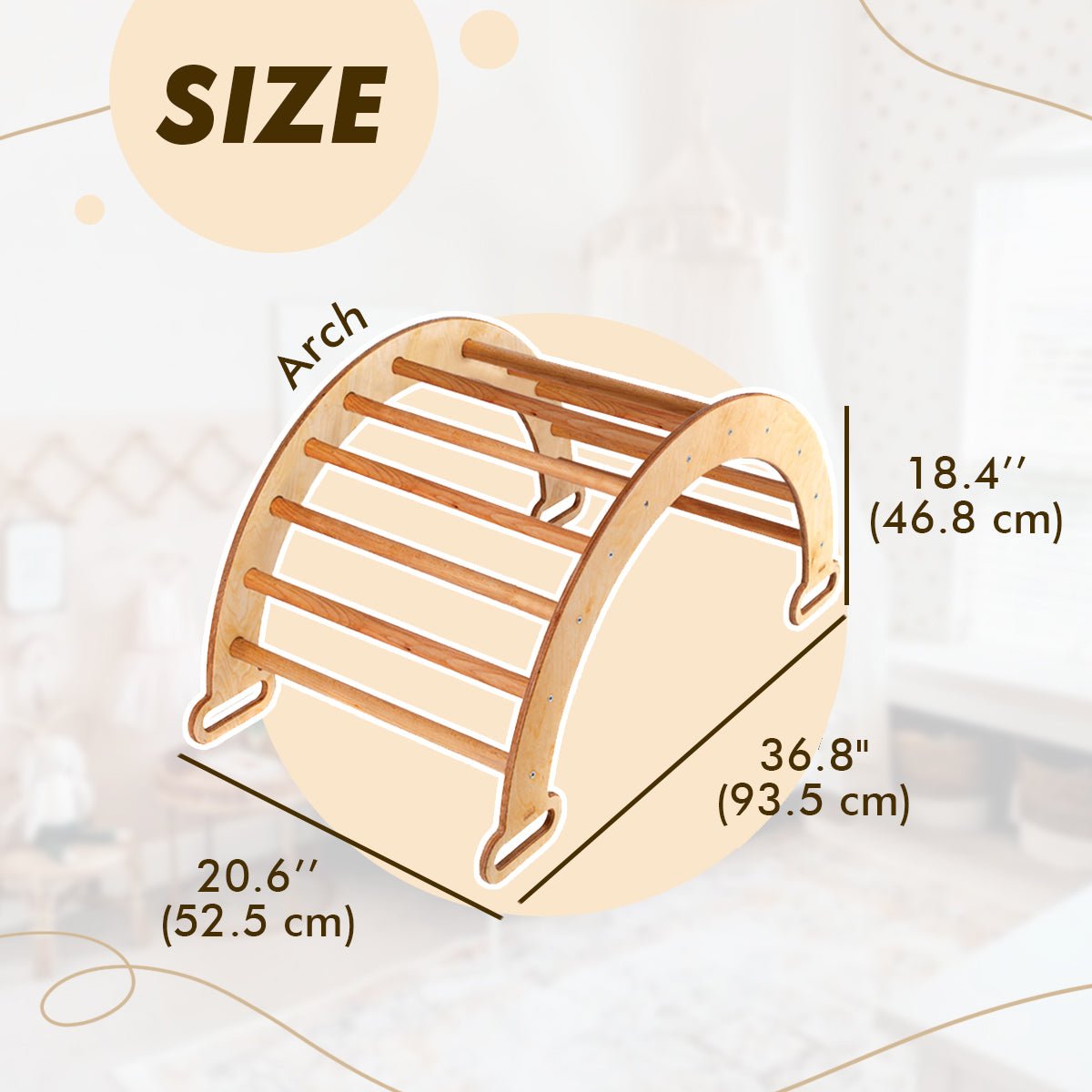 Climbing Arch & Rocker Balance - Montessori Climbers for Kids 1-7 y.o. – Beige, shown with SIZE: 36.8 (93.5 cm) wide, 20.6 (52.5 cm) deep, and 18.4 (46.8 cm) tall—ideal for imaginative play and climbing fun!.