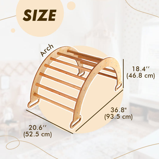 Climbing Arch & Rocker Balance - Montessori Climbers for Kids 1-7 y.o. – Beige, shown with SIZE: 36.8 (93.5 cm) wide, 20.6 (52.5 cm) deep, and 18.4 (46.8 cm) tall—ideal for imaginative play and climbing fun!.