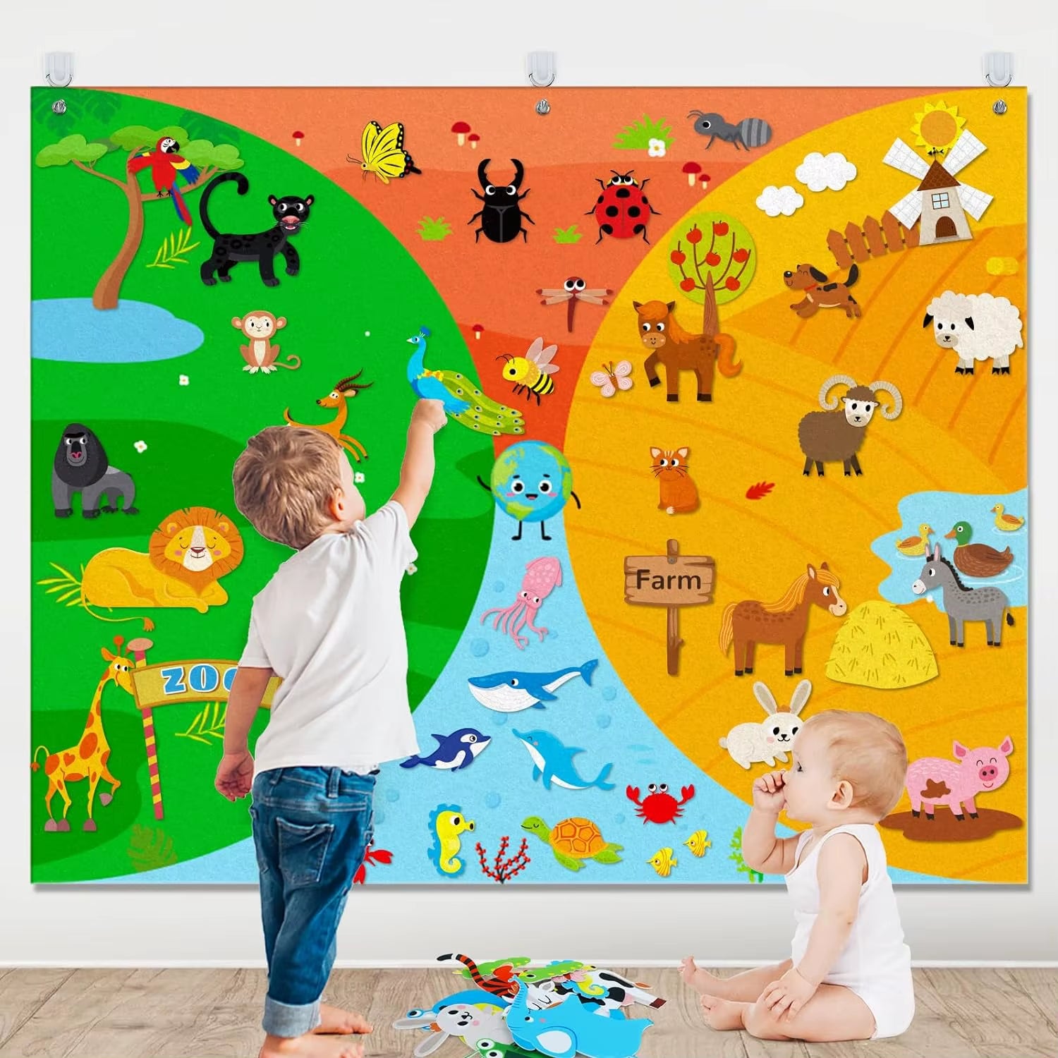 Farm Animals Felt Story Busy Board 4 in 1 Themed Storytelling Farm Sea Zoo Vehicle Early Learning Interactive Wall Hanging Gifts