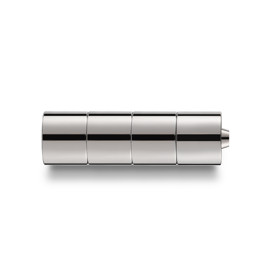 The Hexcal Studio Extension Kit is a sleek, metallic cylindrical tool divided into four segments with a right-end protrusion, shown on a white background—perfect for achieving the ideal ergonomic monitor setup.