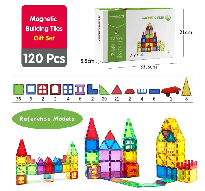 Magnetic Tiles Building Blocks with Cars 3D Clear Construction Set Educational Sensory Toy Magnet Toys for Kids Ages 3 4 5 6 7 8