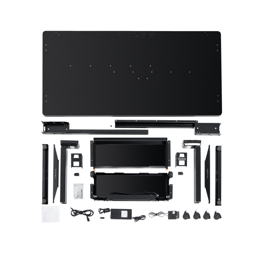 The Hexcal Elevate Standing Desk kit is displayed on a white background, featuring a large tabletop, metal frame parts, control box, cables, power adapters, mounting hardware, and screws.