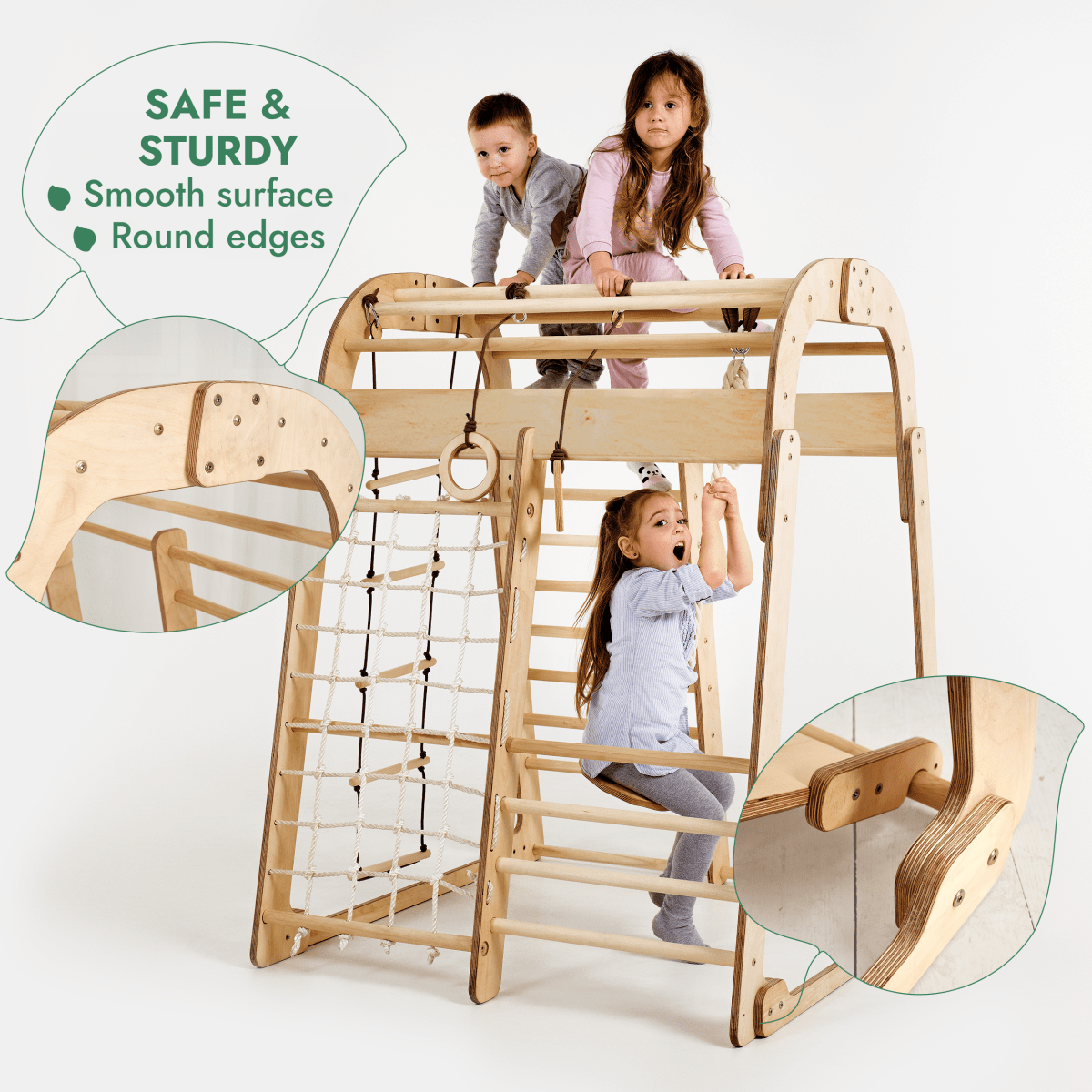 Three children play on the Indoor Playground for Children – a 7in1 playground with swings, slide board, and art set. Inset images highlight its smooth surfaces and rounded edges, emphasizing safety and sturdiness for indoor fun.