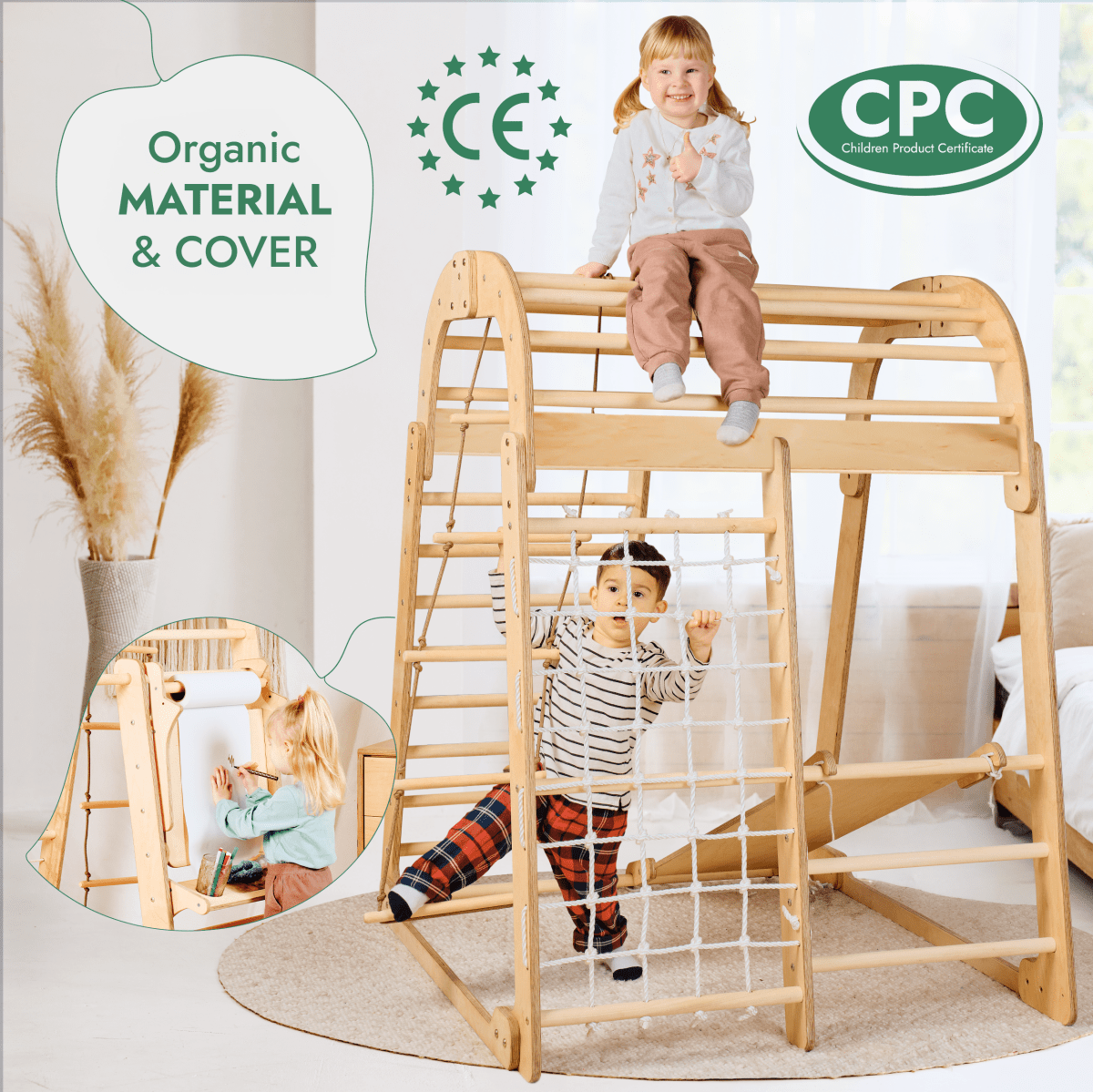 Two children play on the Indoor Playground for Children – a 7in1 set with swings, slide board, art set, and rope net. A smiling girl sits on top as a boy climbs. Made from organic material and CE/CPC certified. Inset: child draws at the whiteboard.