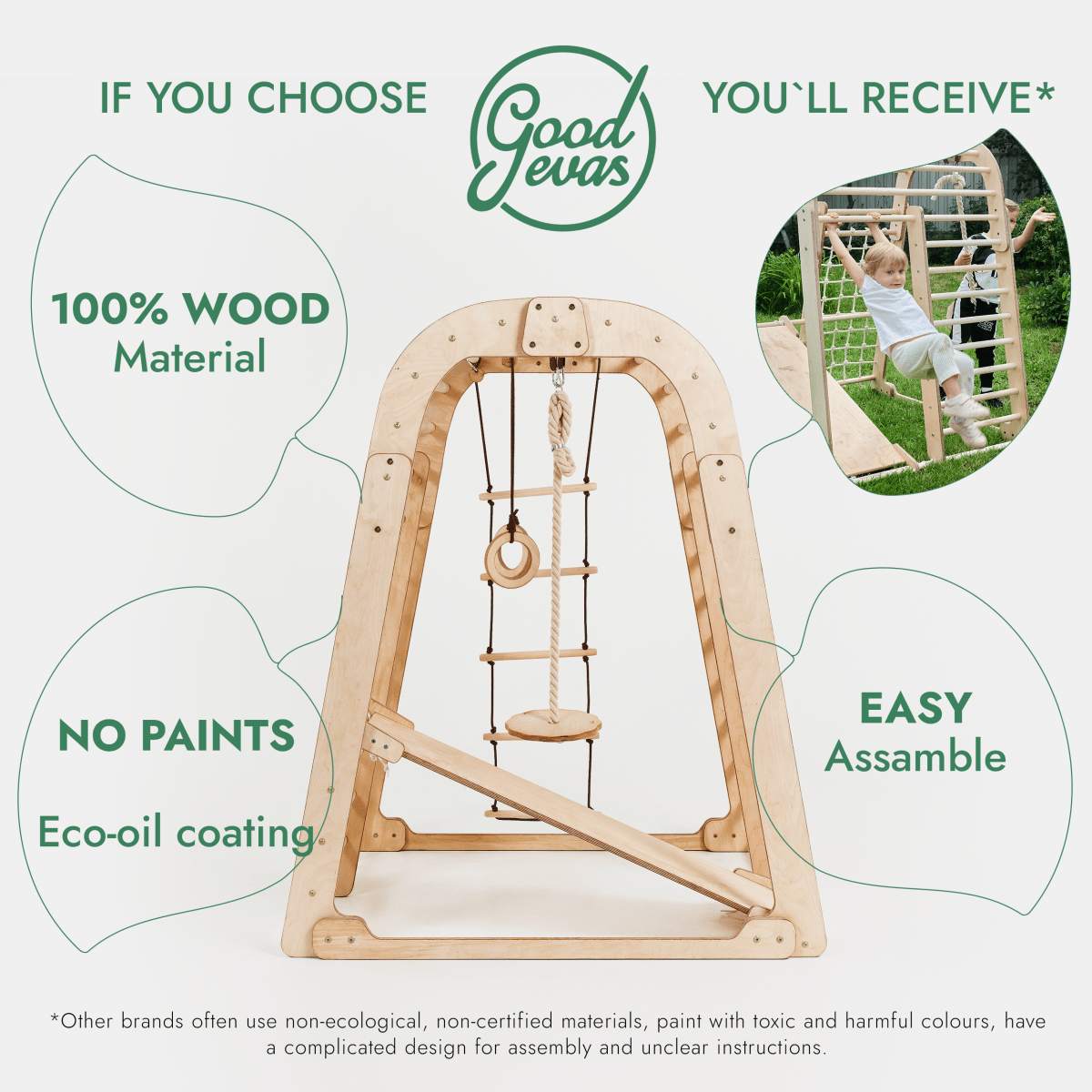 The Good Jevas Indoor Playground for Children - 7in1 Playground + Swings Set + Slide Board + Art Set is shown. Made from 100% wood with eco-oil coating, no paints, and easy assembly. Inset: child uses the playset outdoors. Logo shown at top.