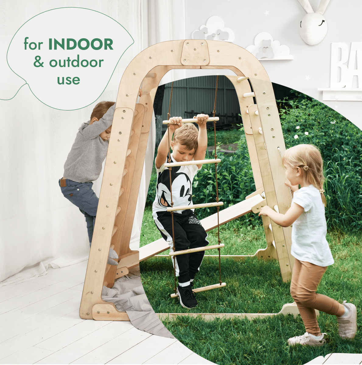 Three young children play on the Indoor Playground for Children – 7in1 Playground + Swings Set + Slide Board + Art Set. The left side shows indoor use, while the right side is outdoors, showcasing its versatility for indoor and outdoor fun.