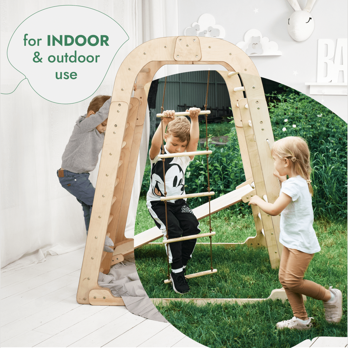 Three young children play on the Indoor Playground for Children – 7in1 Playground + Swings Set + Slide Board + Art Set. The left side shows indoor use, while the right side is outdoors, showcasing its versatility for indoor and outdoor fun.